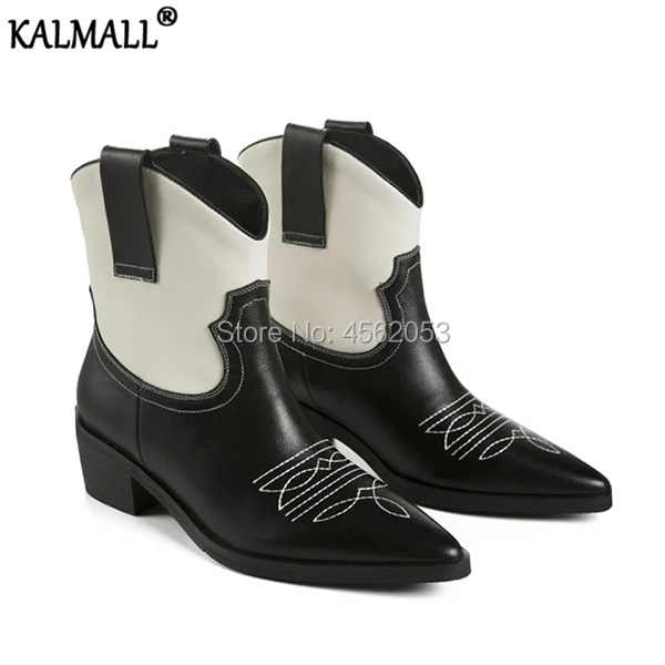 

KALMALL Patchwork Black White Distressed Leather Cowboy Boots Women Pointed Toe Mid Block Heels Embroidery British Chelsea Botas