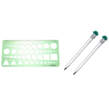 

Green Plastic Circles Squares Hexagons Geometric Template Ruler 0-20cm & 2 in 1 Creative Pineapple Metal Ballpoint Pen
