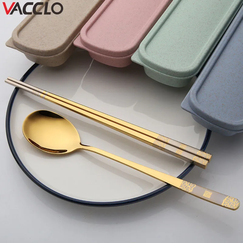 Vacclo 304 из нержавеющей стали для ложки и палочек портативный набор столовых приборов для студентов с коробкой столовые приборы для путешествий Набор многоразовых принадлежностей