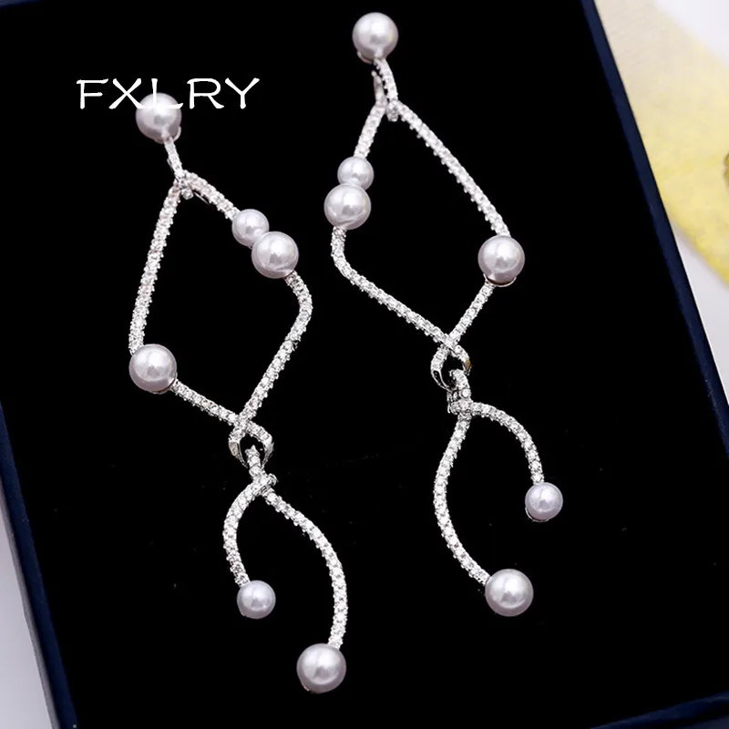 

FXLRY New Fashion white color Cubic Zircon CZ Long Line Design Pearl Knot Dangle Earrings for Women Bridal Dating Wedding Jewelr