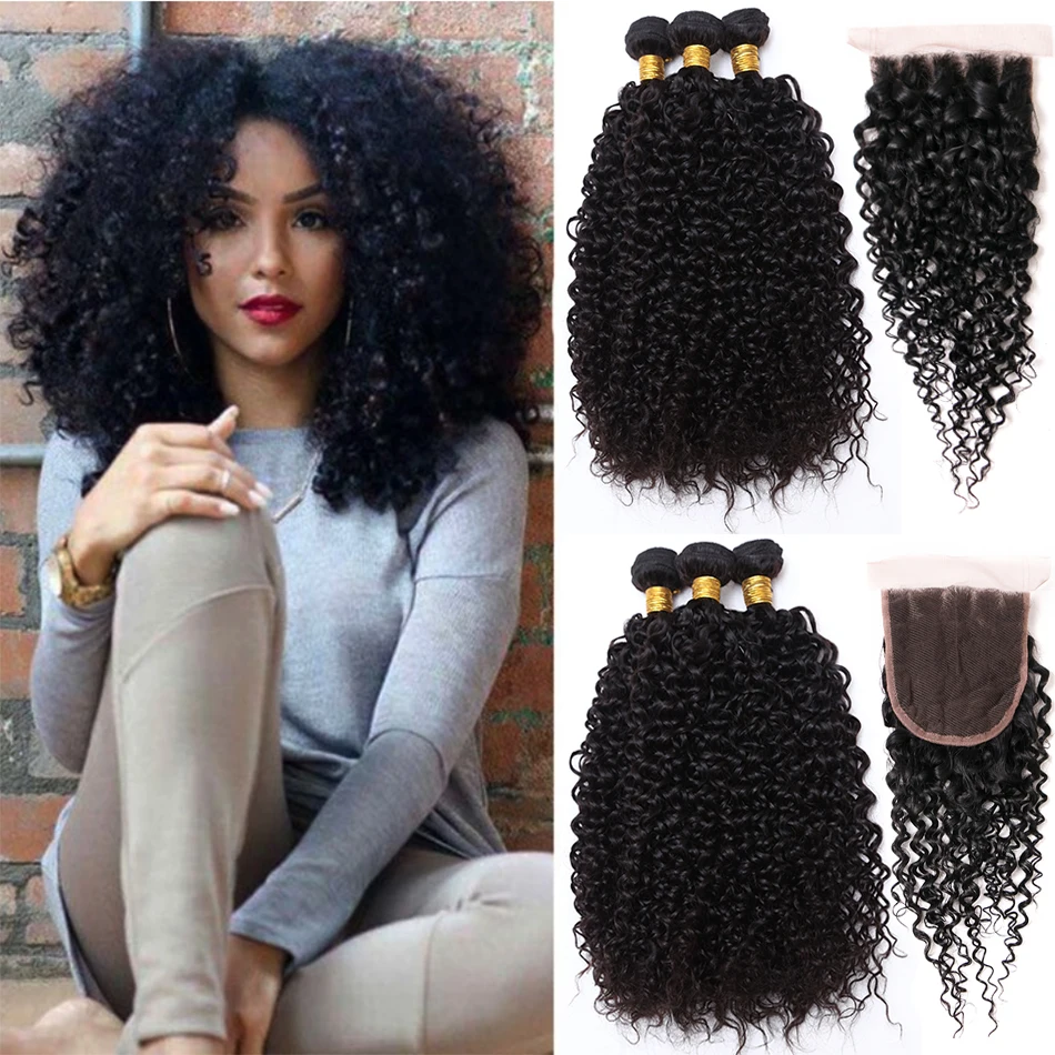 Jaycee-cabello rizado malayo con cierre, extensiones de cabello humano ondulado y mojado con cierre, Pelo Rizado Malayo