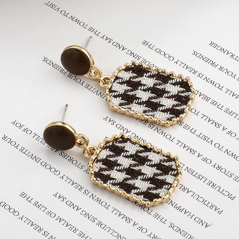 AENSOA Vintage Black White Plaid Cloth Geometric Drop Earrings For Women Alloy Lattice Fabric Statement Earring Trendy Jewelry