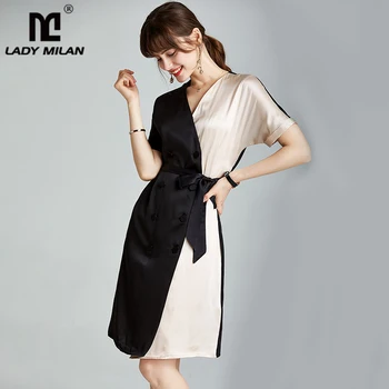 

100% Silk Women's Runway Dresses Sexy V Neck Short Sleeves Lace Up Bow Color Block Fashion Casual Summer Dresses