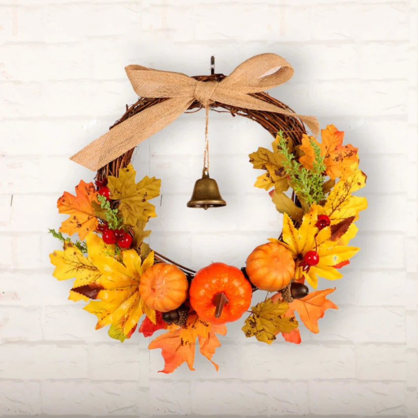 

Artificial Maple Leaves Fall Pumpkin Berry Wreath 30cm 40cm Large Garlands with Bell for Festival Celebration Front Door Wall