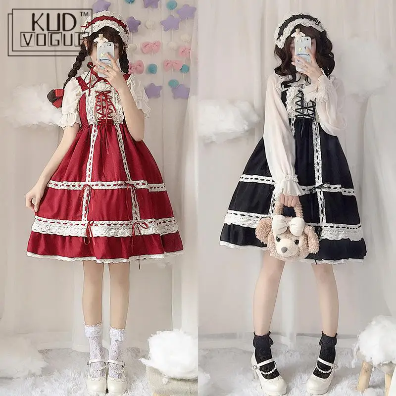 Lolita Dress Sweet Girls Cute Japanese Kawaii Spaghetti Strap Maid Vintage Lace Ribbons Headwear Lace Women Summer Party Prom lolita dress,lolita suspender dress,lolita cosplay costumes