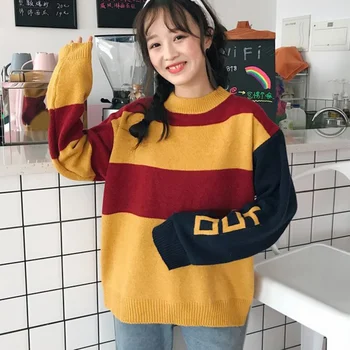 

Autumn And Winter Korean Retro Stitching Color Loose Thin Long Sleeve Striped Sweater Women's Shirt l8