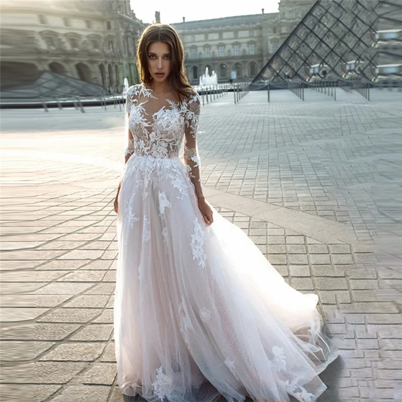 

Sheer Long Sleeves Lace Appliques Wedding Dress 2021 Natural Custom Tulle Women Bridal Gowns Amazing