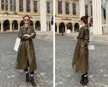 Nova moda de couro do plutônio longo estilo feminino trench coat com cinto bolso exército verde magro casual commuter senhoras casaco couro