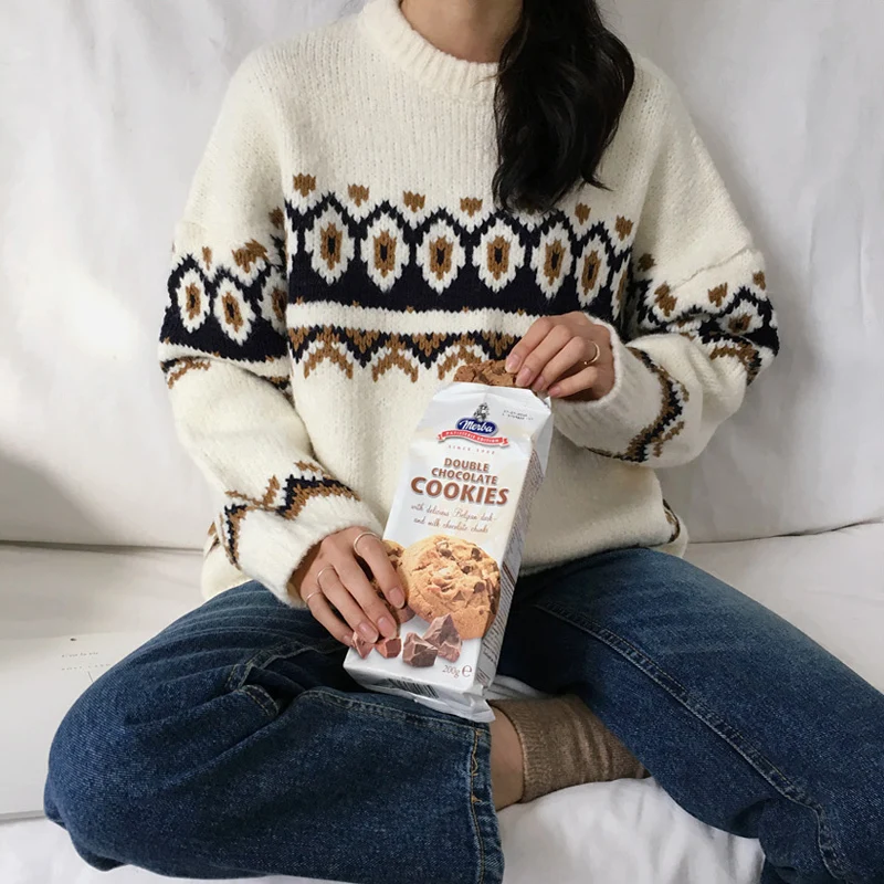 Women Winter Cristmas Sweater Jacquard Knitted Tops Pullovers Vintage Casual Plus Size Sueter Mujer Maglioni Donna 45