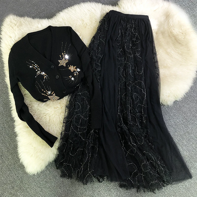 Новая тяжелая юбка феи, линия, черный бархат, бисер, пряжа, длинные плиссированные юбки для женщин, ins, супер огонь высокой талии, чистая вуаль