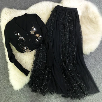 

New Heavy fairy skirt line black velvet beads yarn yarn long pleated skirts female ins super fire of tall waist net veil