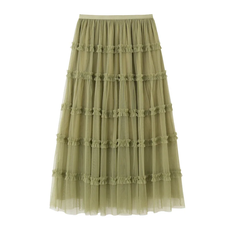 

Summer Woman Midi Skirt 2020 Korean Edition Solid Green Elastic High Waist Mesh Tulle A Line Skirt Girl Sweet Tutu Skirt