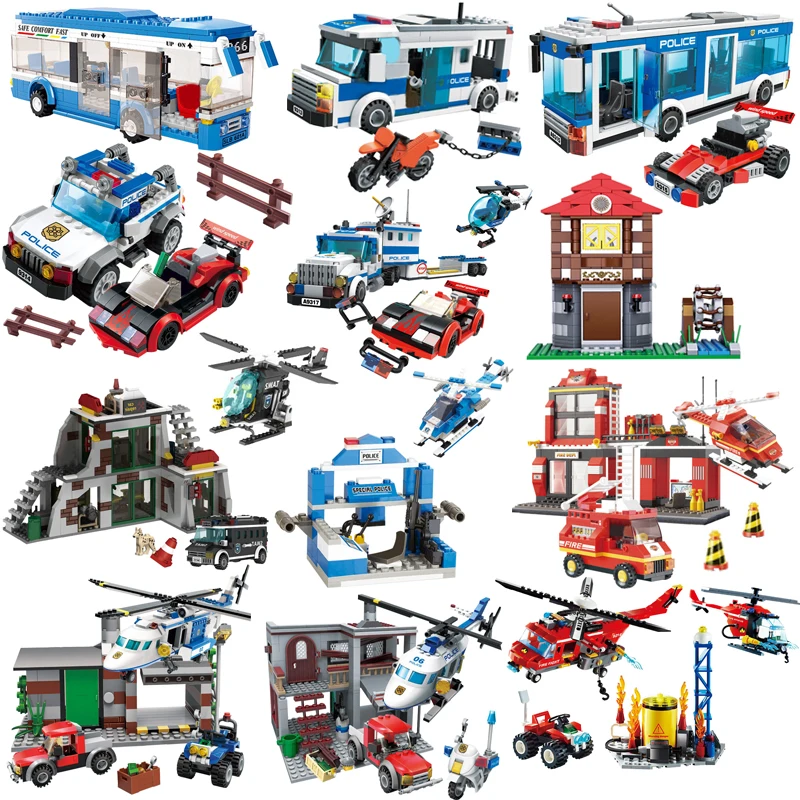 Legoing City Police Series Helicopter Fire Station Building Blocks City Police Station Car Legoings Polices Bricks Children Toys
