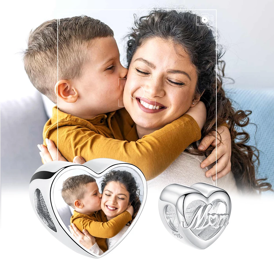 

ELESHE 100% 925 Sterling Silver Photo Custom Charms Classic Mom Love Heart Bead Fit Original Bracelet DIY Jewelry Making