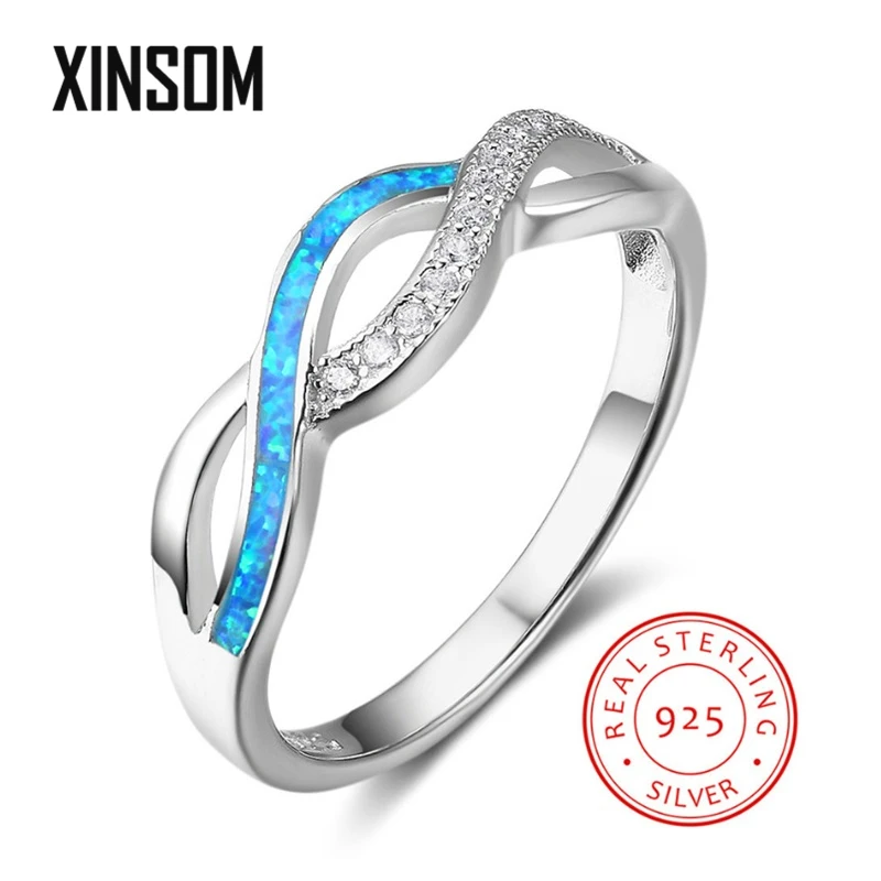 

XINSOM Simple Fashion Blue Opal Rings For Women 100% Real 925 Sterling Silver Rings Party Wedding Jewelry Birthday Gift 20XS1156