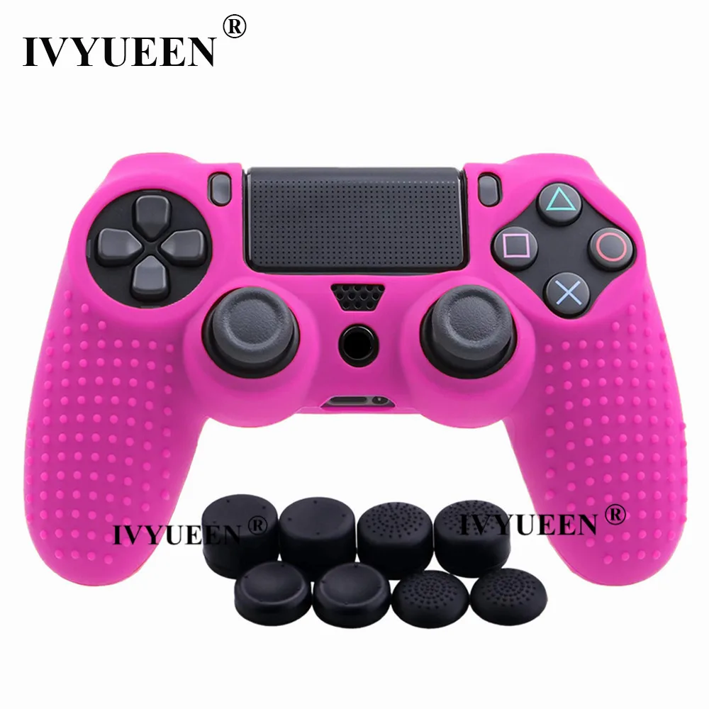 Розово-красный IVYUEEN 9 в 1 для Dualshock 4 PS4 Slim Pro контроллер Шипованная Кожа Премиум Защитный Противоскользящий Мягкий силиконовый чехол-накладка - Цвет: Розово-красный
