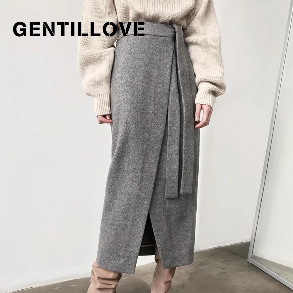 Gentillove, женские винтажные замшевые длинные юбки, повседневные, с высокой талией, с разрезом, юбка, толстая, теплая, Harajuku, юбка, весенняя, офисная, женская, юбка