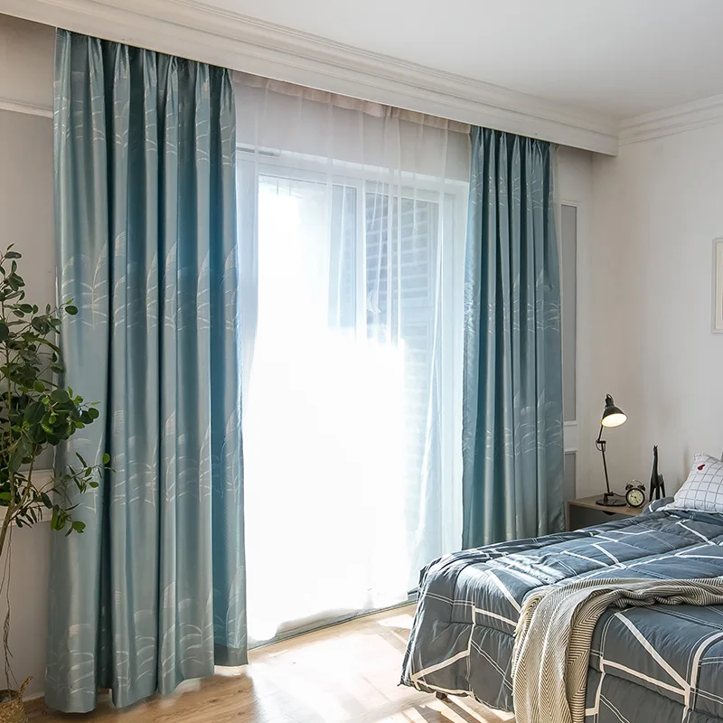 New Pure Blue Reed Jacquard Shade Curtains for Living Dining Room Bedroom