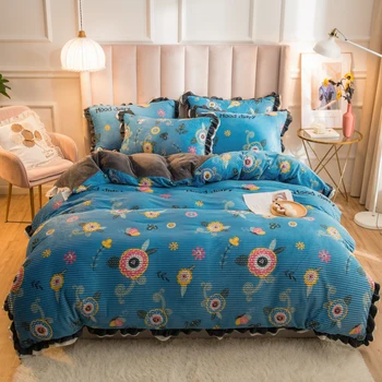 

New 3/4pcs Flannel bedding sets Soft Warm Coral Fleece stripe duvet cover flat fitted sheet pillowcase winter warm bed linen