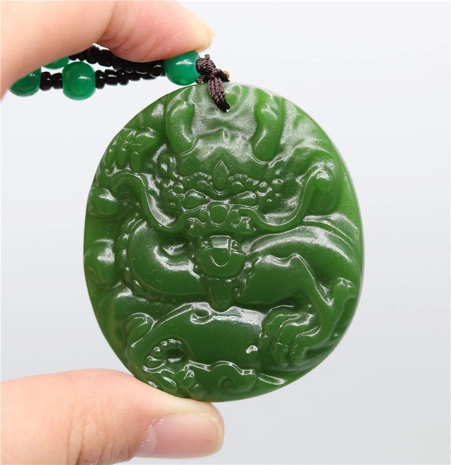 Chinese Green Jade Dragon Pendant Necklace Fashion Accessories Jewelry Carved Amulet Luck Gifts Women Sweater Chain