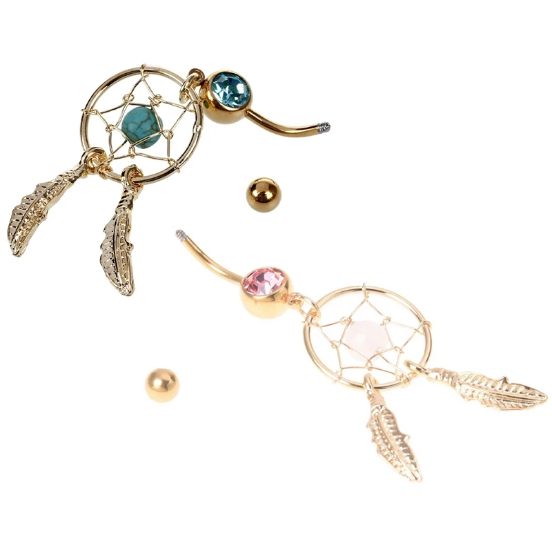 2 Pcs Beautifully Gold Dream Catcher Feather Rhinestone Piercing Belly Button Navel Ring Barbell (Blue Lake&ampPink) |