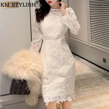 

Women's Clothings 2019 Fall/Winter New Pink Lace Sexy Dress Slim Backless Perspective Long Sleeve Bag Hip Party One-piece Dress