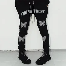 Goth Butterfly Hot Rhinestone Print Sweatpants Skinny Slim Fit Drawstring Casual Street Sports Pencil Pants Y2k Daily Trousers