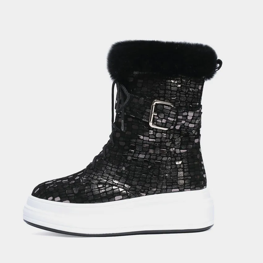 ENMAYER Slip-On Platform Boots Snow Boots Fashion Round Toe Genuine Leather Short Plush Sheepskin Women Boots Size 34-40