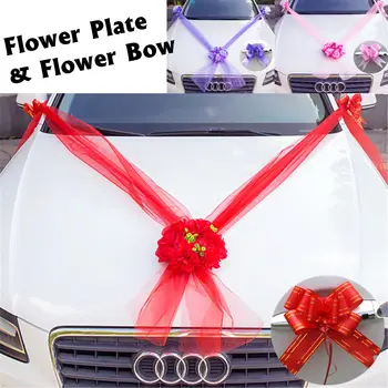 

New 3 Colors 5M Wedding Car Flower Ribbons Plate Bows Set Door Handle Rearview Bowknots Ornaments Set Simulation Car Decoration