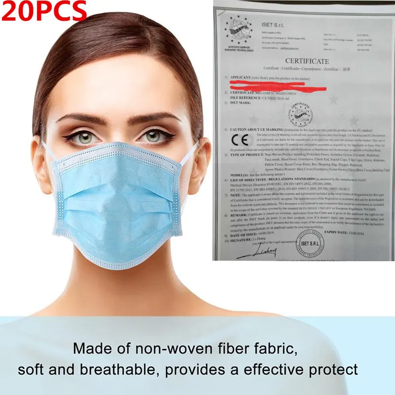 

20 Pcs Non Woven Disposable Face Mask 3 Layer Hanging Ear Dust Filter Safety Elastic Facial Dust-Proof Safety Masks KF94 FFP2