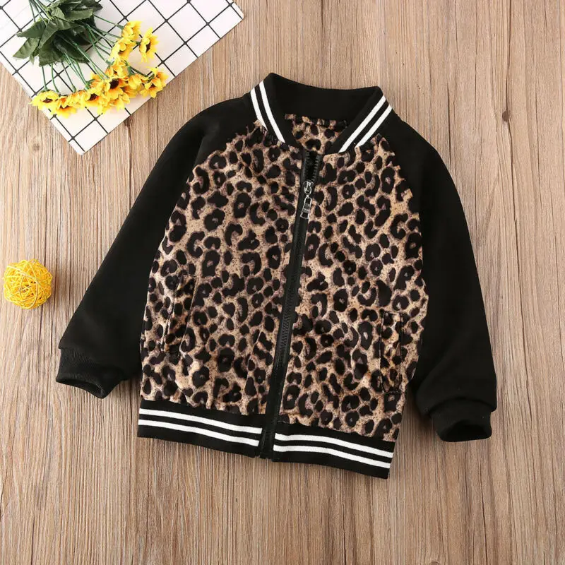  Spring Winter Autumn For Kids Toddler Baby Girl Leopard Print Patchwork Zipper Jacket Coat Casual T