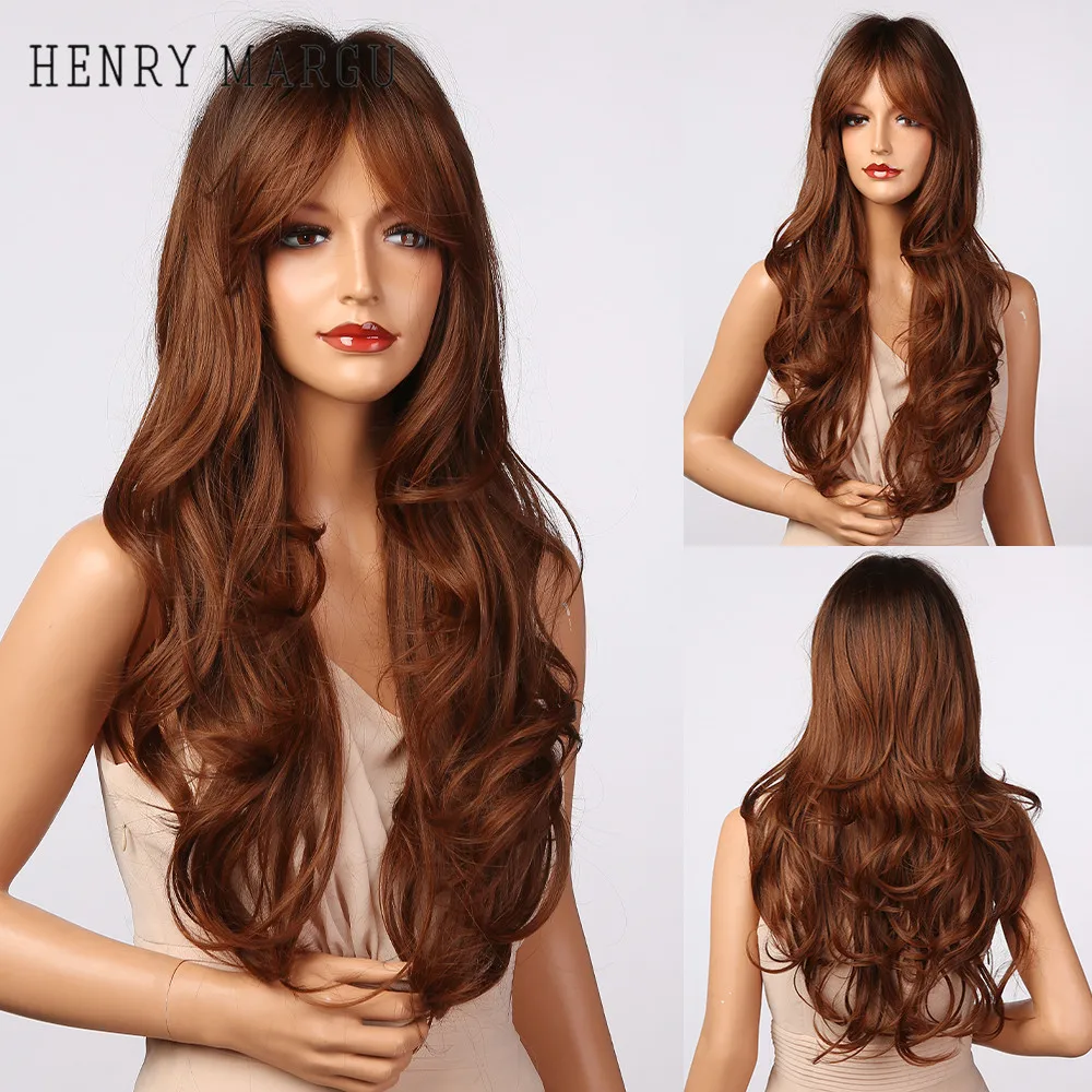 Wavy Wig Bangs Synthetic-Hair-Wig Wine Cosplay Dark-Brown Black High-Temperature-Fiber