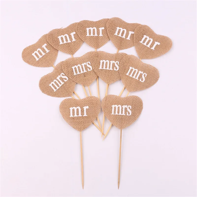 2 шт деревенский льняной Mr& Mrs топперы для торта в форме сердца Кекс Топпер для торта на день рождения, свадьбу, помолвки, украшения