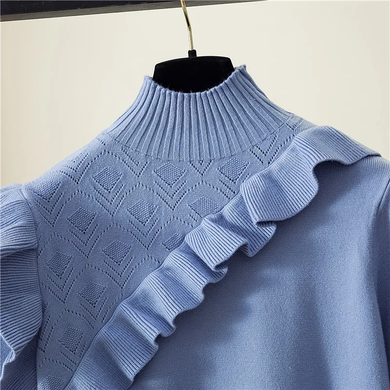 Long Sleeve Half Turtleneck Knitted Pullover Female Chic Jumper Office Lady Ruffles Solid Korean Elegant Women Sweater turtleneck sweater