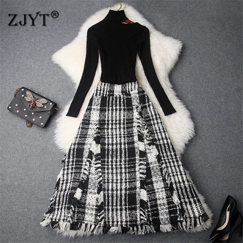 

2019 Autumn Fashion Women's Set New Designer Off Shoulder Turtleneck Knit Sweater Top and Woolen Skirt Suit 2Piece Sets