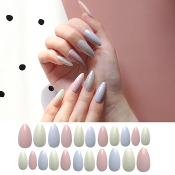 

Fake Nails with Designs Gray and Pink 24Pcs/set Full Cover Artificial False Nails Stiletto Sharp End Glitter 2020 New