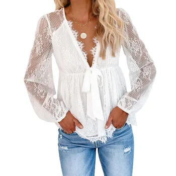 

Women Deep V Neck Lace Blouse, Ladies Elegant Embroidery Stitching Bowknot Lace Up Shirts Tops
