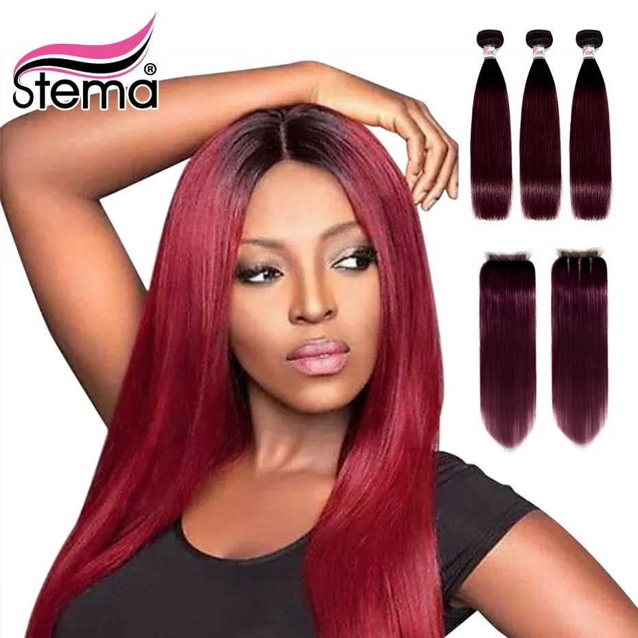 Stema #99J Brazilian Straight Human Hair Bundles With Closure 3 4x4 Lace Remy Extension Free Shipping | Шиньоны и парики