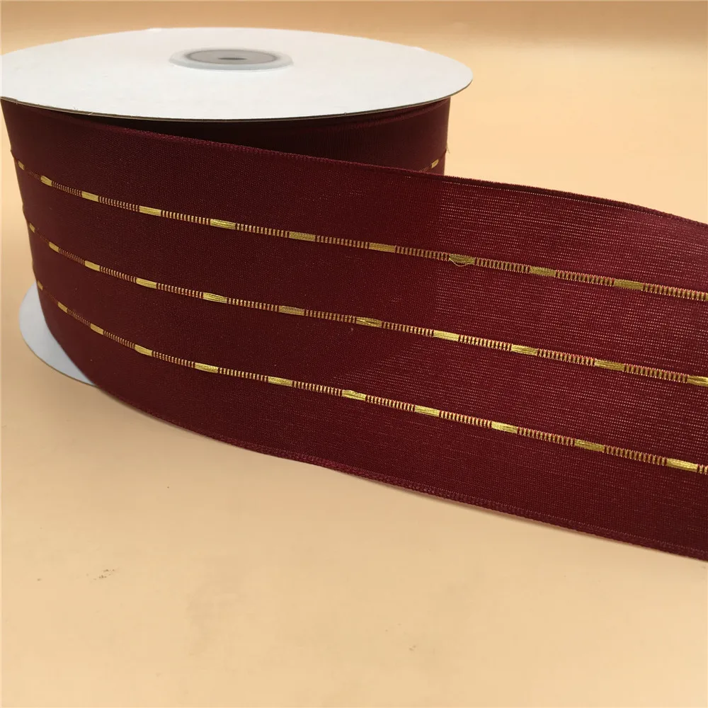 

63MM X 25 Yards Wine Burgundy Ribbon Wire Edge With Golden Stitches Ribbon for Birthday Decoration Gift Wrapping 2-1/2"