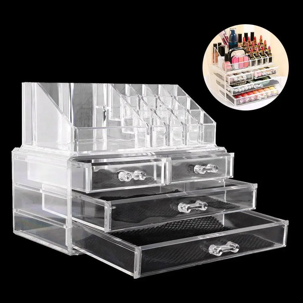 Прозрачный акриловый косметический Косметичка-органайзер коробка для хранения ювелирных изделий держатель Чехол 4 ящика и 12 отделений для губной помады