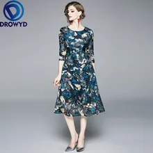 Платье миди с принтом для женщин; осеннее корейское повседневное синее платье с круглым вырезом и высокой талией; модное платье в стиле бохо; элегантные вечерние платья в стиле ретро; Vestidos