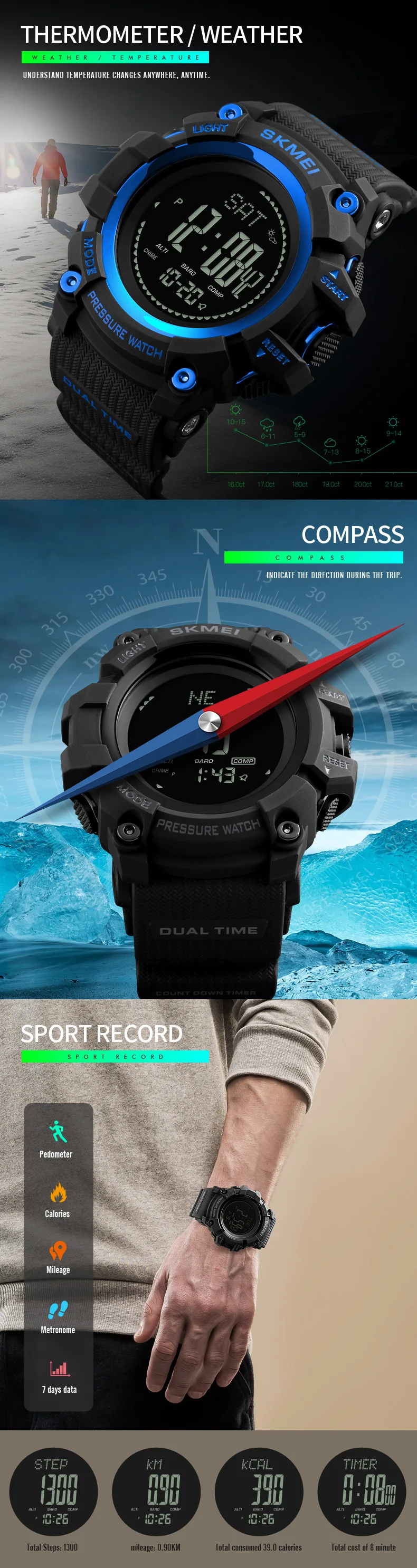 SKMEI мужские цифровые наручные часы, поддержка погоды, компас, мужские часы, многофункциональные, для спорта на открытом воздухе, мужские часы, наручные часы