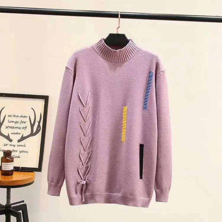 Розовый Женские свитера размера плюс 2XL-3XL, повседневная трикотажная верхняя одежда, топы с длинными рукавами, Свитера с высоким воротом - Цвет: Розовый