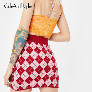 

Vintage Argyle Plaid Knitting y2k Skirts for Women Autumn Preppy Style Mini Skirts Knitwear Bandage Korean Skirts Cuteandpscho