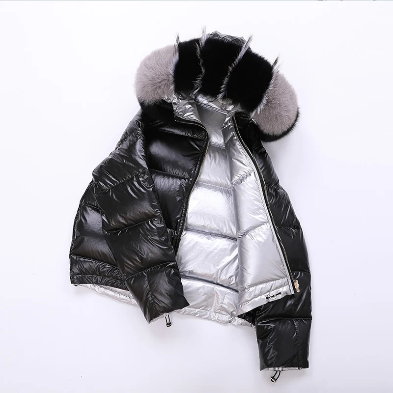 

White Duck Down Big Aritificial Fur Parkas Winter Jacket Women Gold Silver Double Side Coat Female Warm Down Oversize