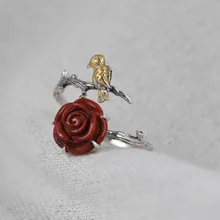 

Retro 925 Sterling Silver Bird Adjustable Opening Rings Female South Red Agate Peony Flower Ring Engagement Party Jewelry JZ009