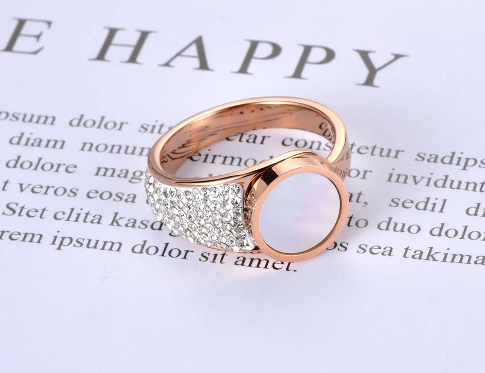YiKLN Classic Rose Gold Stainless Steel White Shell Rings For Women Girl Mosaic CZ Rhinestone Love Wedding Ring Jewelry YR19076
