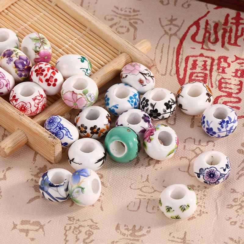 10pcs Rondelle 14x9mm Flower Patterns Ceramic Porcelain Loose Big Hole Beads Lot For Jewelry Making DIY Charms Bracelet