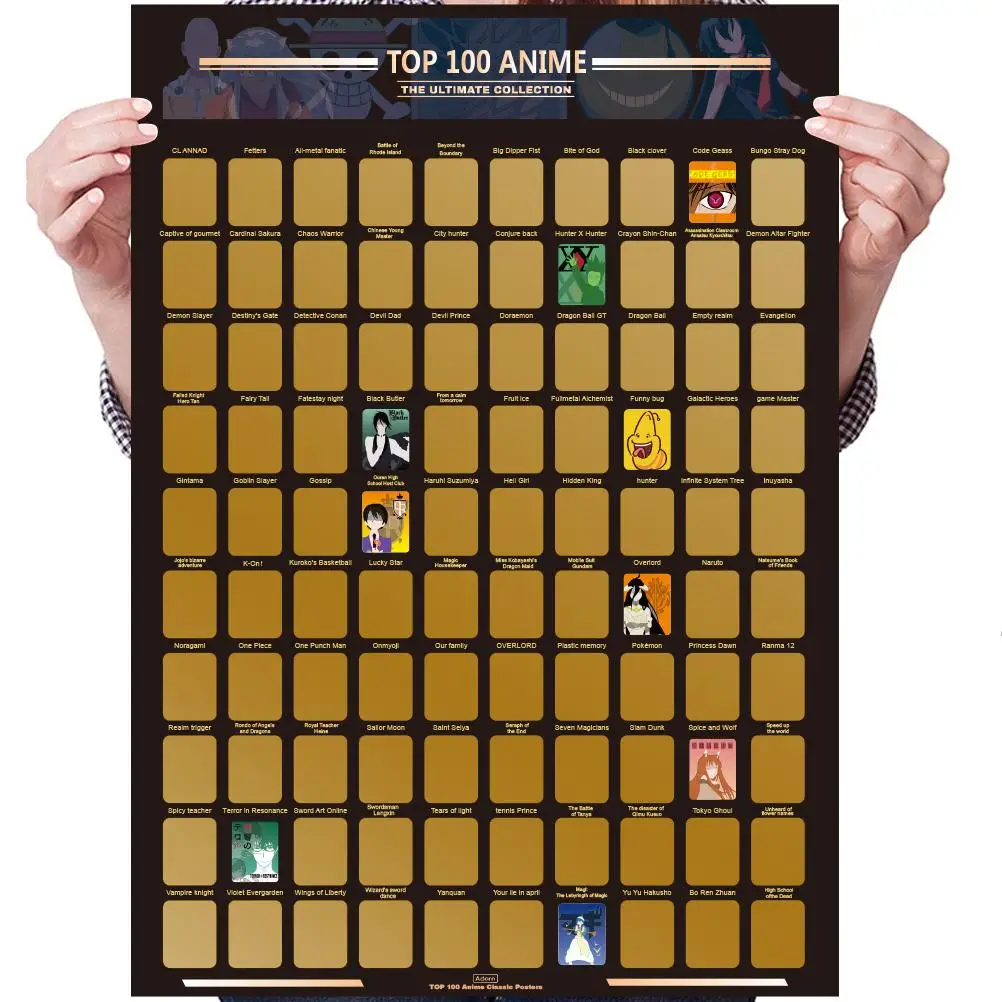 Póster de la mejor colección Anime 100, papel tapiz rascador con raspador, lista de película suave para amantes del Anime
