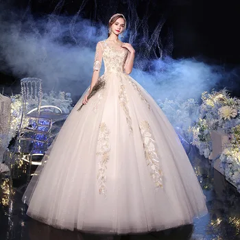 

Feerijt 2020 New Champagne High Quality V Neck Half Sleeve Wedding Dress Beautiful Lace Embroidery Ball Gown Robe De Princesse